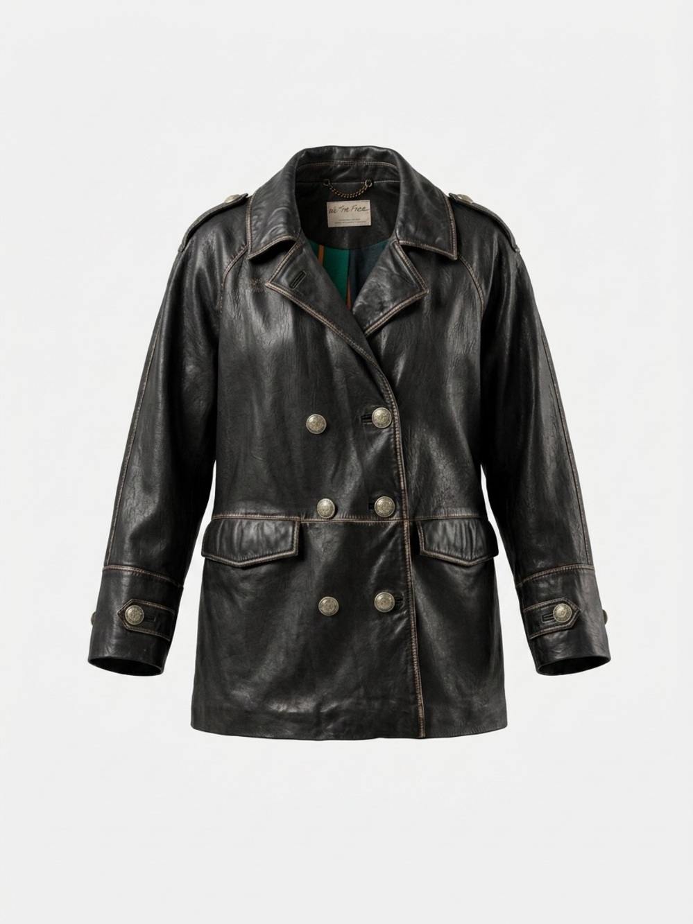 We The Free Black Double-Breasted Leather Peacoat
